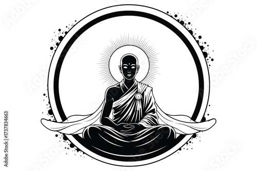 Vector art of a serene monochrome illustration of buddha in meditation, radiating peace and enlightenment, , ideal for spiritual and mindfulness themes