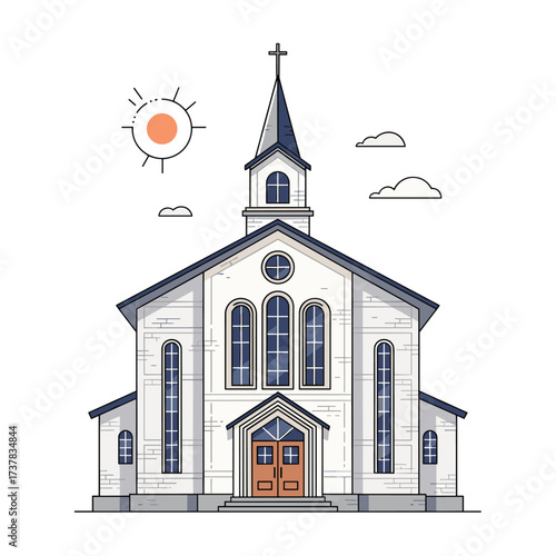 A beautiful white church with a tall steeple and arched windows stands against a blue sky with clouds and a bright sun.