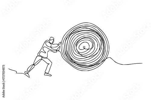 Determination shines as a line art figure pushes a swirling vortex forward, symbolizing overcoming complexity and driving success with unwavering focus