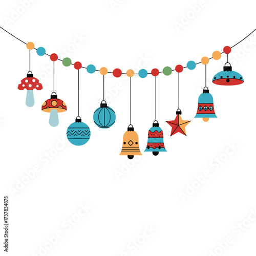 A festive string of colorful holiday ornaments hangs gracefully across the frame.