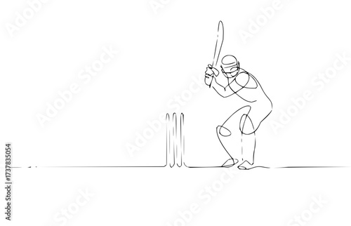 Dynamic line art of cricket batsman ready to strike, a stunning minimalist design perfect for sports branding, athletic apparel, and cricket tournament promotions