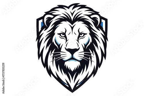 Vector art of majestic lion head logo with a shield emblem, showcasing strength and courage, perfect for sports teams, gaming, or any brand seeking a powerful symbol