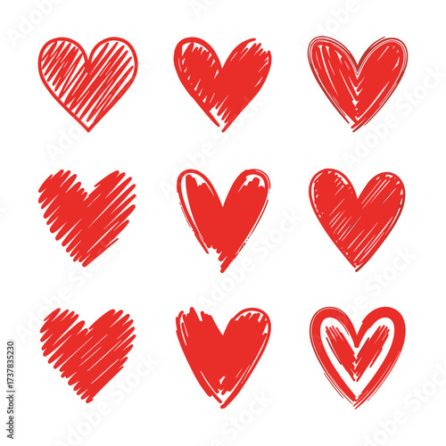 Collection of nine hand drawn red hearts on a white background.