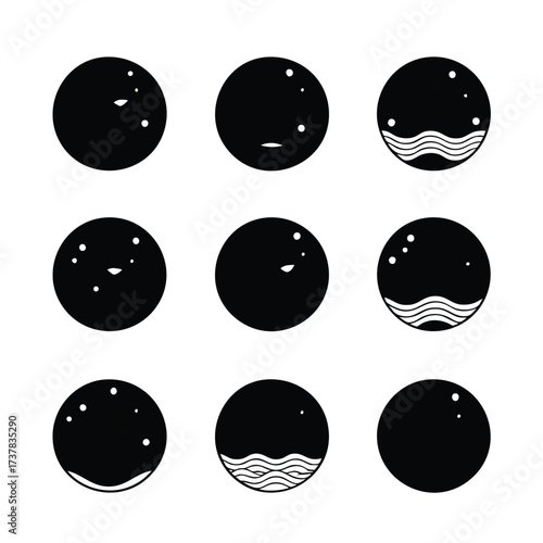 A collection of nine shiny black boba tapioca pearl icons in a grid layout.
