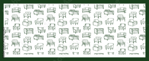Doodle sketch of living room furniture, hand-drawn in different sizes and types, modern and vintage. Scandinavian furniture Interior elements Boho style. Vector illustration