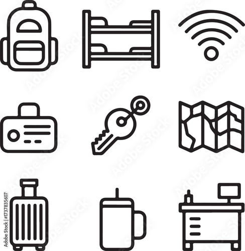 Backpacker Hostel Essentials – Minimalist Doodle Line Icon Set