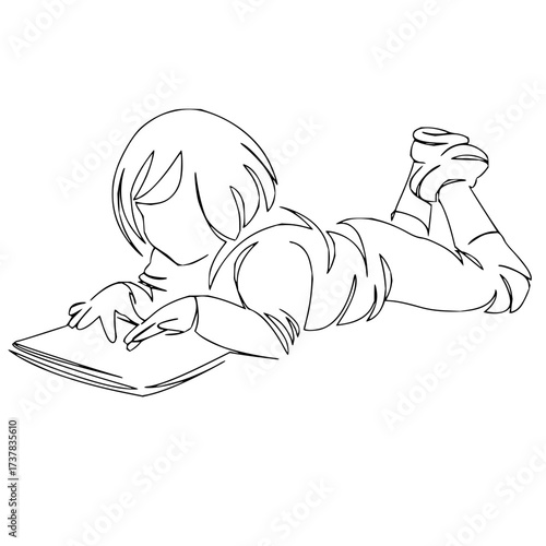 Modern line art illustration of a child reading a book while lying down, perfect for education, learning, or leisure concepts, originally a scalable graphic