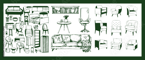 Doodle sketch of living room furniture, hand-drawn in different sizes and types, modern and vintage. Scandinavian furniture Interior elements Boho style. Vector illustration