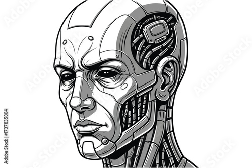 Vector art of a detailed black and white vector illustration of a cyborg head, showcasing intricate mechanical details and a humanlike face, perfect for scifi themes