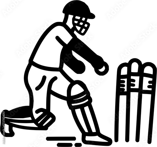 Dynamic cricket player poised to strike the ball in intense game, crafted with smooth vector precision for striking sports visuals and branding applications