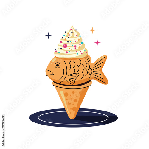 Delicious fish shaped waffle cone ice cream with colorful sprinkles and shiny stars.