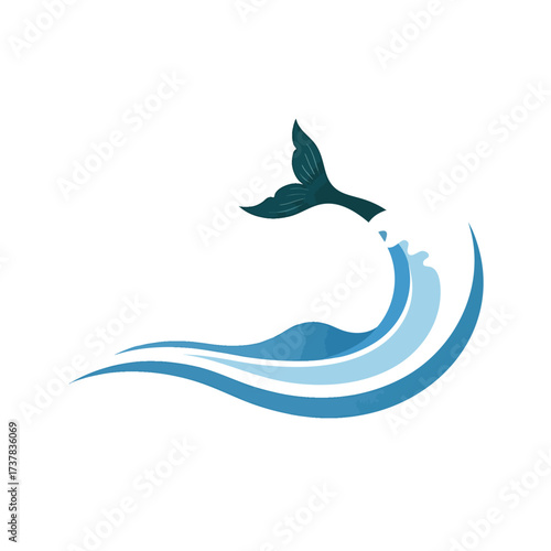A dark teal whale tail fluke splashing into stylized curving blue ocean waves.