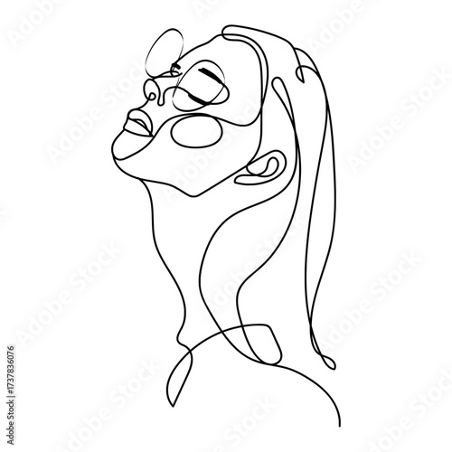 Elegant one-line drawing of a woman looking up, conveying peace and serenity, perfect for minimalist designs and artistic projects, calming and sophisticated art