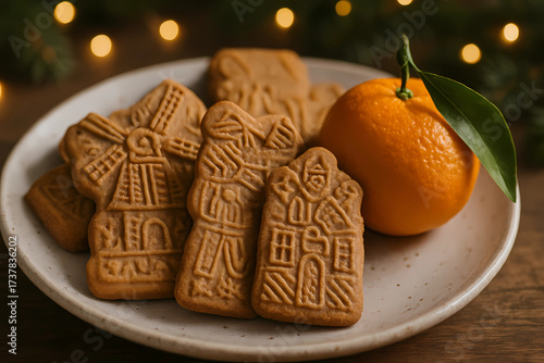 A close-up of a festive plate with speculoos cookies and a clementine. Shallow depth of field, realistic, 16:9.