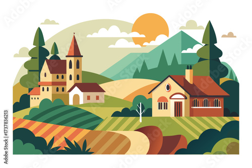 Retro-style vector illustration of a rural farm landscape featuring a barn, farmhouse, grazing cow, striped farmland, and rising sun. Designed in warm earthy tones, this rustic countryside artwork is 