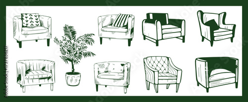 Doodle sketch of living room furniture, hand-drawn in different sizes and types, modern and vintage. Scandinavian furniture Interior elements Boho style. Vector illustration