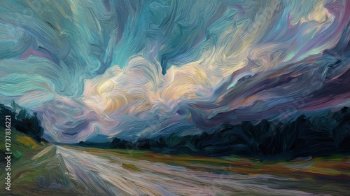 Dreamlike surreal painting of swirling sky over empty road, evoking emotion, movement, and inner journey concepts