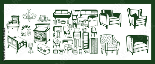 Doodle sketch of living room furniture, hand-drawn in different sizes and types, modern and vintage. Scandinavian furniture Interior elements Boho style. Vector illustration