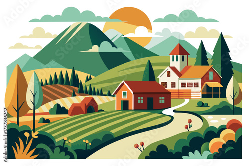 Retro-style vector illustration of a rural farm landscape featuring a barn, farmhouse, grazing cow, striped farmland, and rising sun. Designed in warm earthy tones, this rustic countryside artwork is 