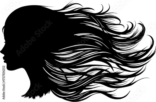 Elegant woman's silhouette with flowing hair, perfect for beauty brand, salon or fashion designs, adding a touch of grace and sophistication to any project
