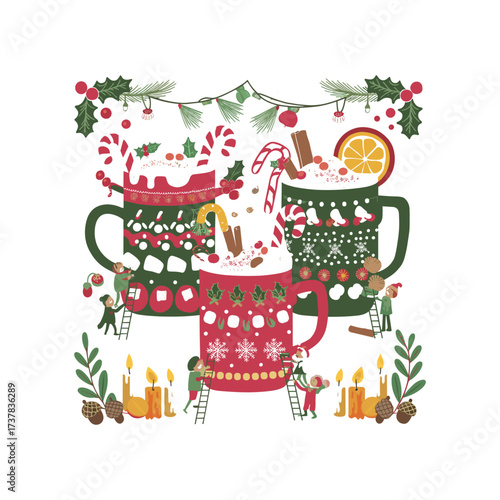 Christmas Hot Drinks with Holiday Decorations Illustration