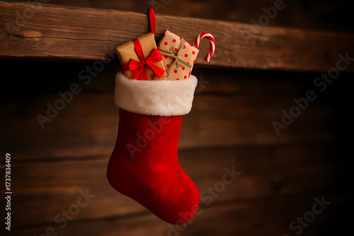 A traditional red Christmas stocking hanging on a wooden beam, filled with small gifts. Shallow depth of field