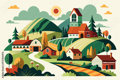 Retro-style vector illustration of a rural farm landscape featuring a barn, farmhouse, grazing cow, striped farmland, and rising sun. Designed in warm earthy tones, this rustic countryside artwork is 