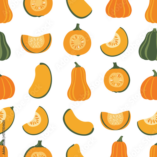 A seamless pattern of various cut and whole pumpkins in different shapes and colors.