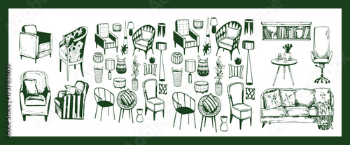 Doodle sketch of living room furniture, hand-drawn in different sizes and types, modern and vintage. Scandinavian furniture Interior elements Boho style. Vector illustration