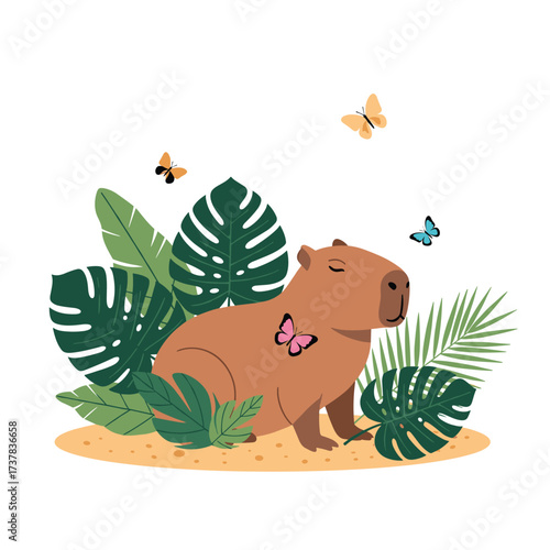 A cute capybara rests peacefully surrounded by lush tropical plants and fluttering butterflies in a serene natural habitat.