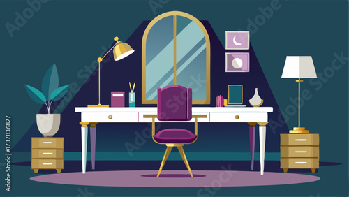 A gl home office complete with a mirrored desk velvet desk chair and metallic accents.