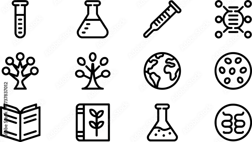 Obraz premium Collection of science icons set of linear vector icons of various scientific symbols, research and education concept