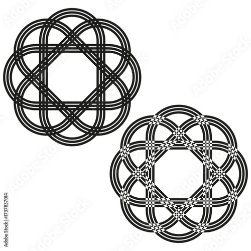 Intertwined knot patterns. Abstract star elements. Decorative Vector illustrations. Ornate tangled shapes.