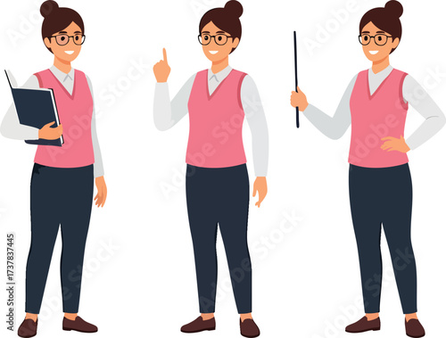 A set of a female teacher character with glasses and a pink vest shown in three different professional poses.
