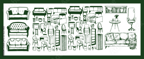 Doodle sketch of living room furniture, hand-drawn in different sizes and types, modern and vintage. Scandinavian furniture Interior elements Boho style. Vector illustration