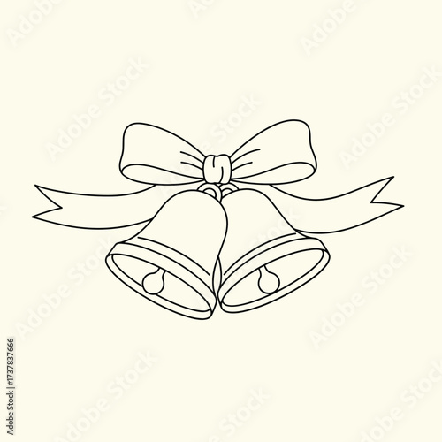 A beautifully drawn outline of wedding bells adorned with a festive ribbon and bow.