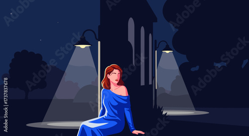 A solitary woman in an elegant blue dress sits under the soft glow of streetlights on a quiet evening.