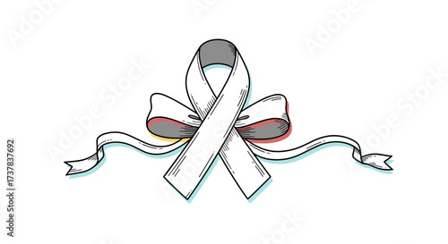 A white ribbon tied into a bow with flowing streamers symbolizes awareness and support for various causes.