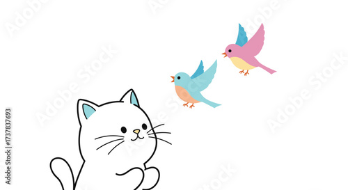 A cute white cat looks up at two colorful birds flying in the sky.