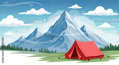 A lone red tent is set up on a grassy plain with large snow-capped mountains behind it.