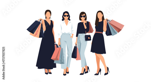 A group of stylish women are enjoying a shopping spree together carrying many bags.