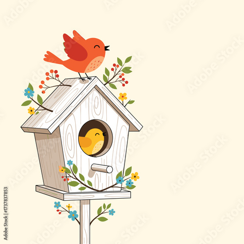 Charming illustration of a birdhouse with two small birds and floral accents.