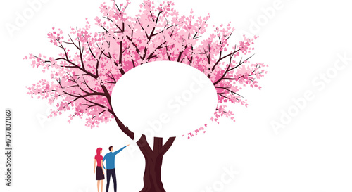 A couple admires a blooming cherry blossom tree with a blank speech bubble for text.