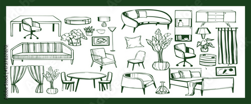 Doodle sketch of living room furniture, hand-drawn in different sizes and types, modern and vintage. Scandinavian furniture Interior elements Boho style. Vector illustration
