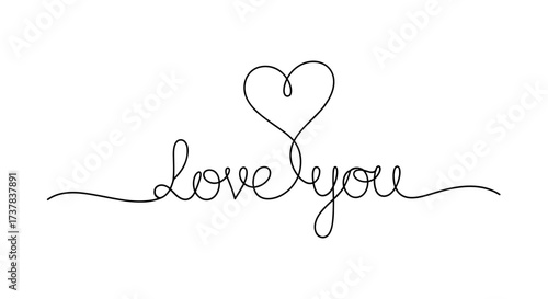 A simple continuous line drawing of the words love you with a heart above.