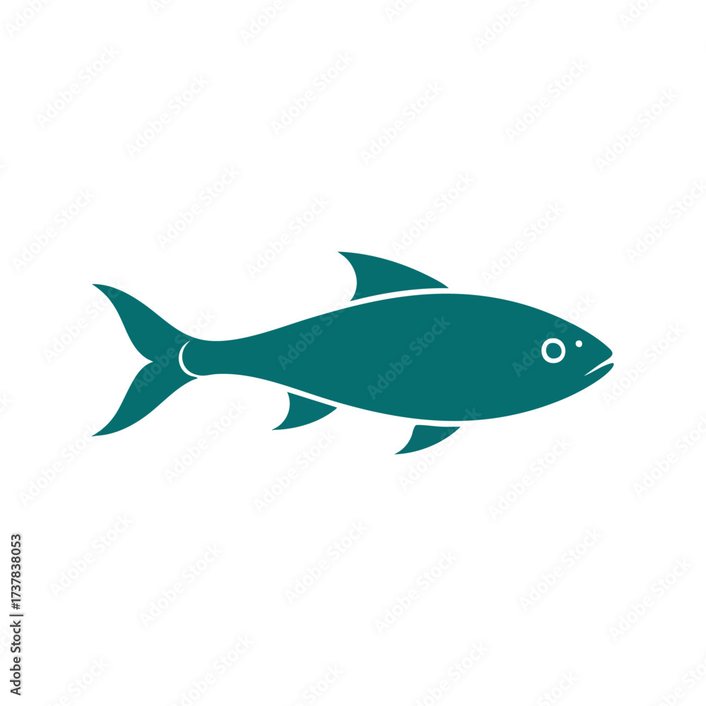 Fototapeta premium A simple stylized teal fish icon with fins and a forked tail depicted in a flat vector graphic style.