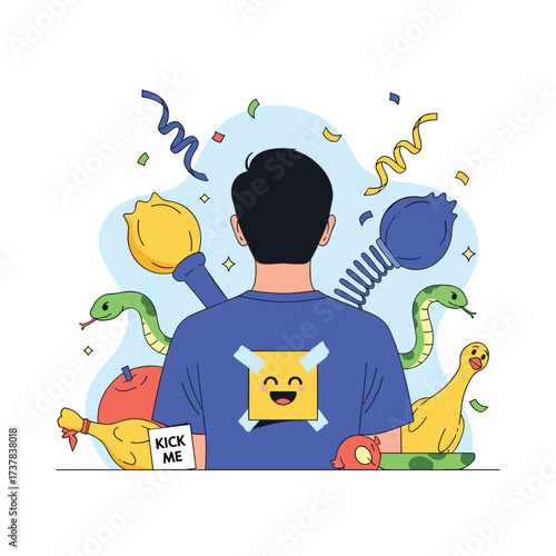 A person with fun gag toys and party streamers in a celebratory mood.