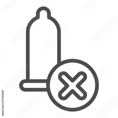 Condom ban line icon, protection concept. Vector graphics. Rubber with close button, forbidden item sign on white background, outline style icon for mobile or web design.