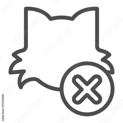 Cat head ban line icon, pet concept. Vector graphics. Kitten with close button, forbidden item sign on white background, outline style icon for mobile or web design.