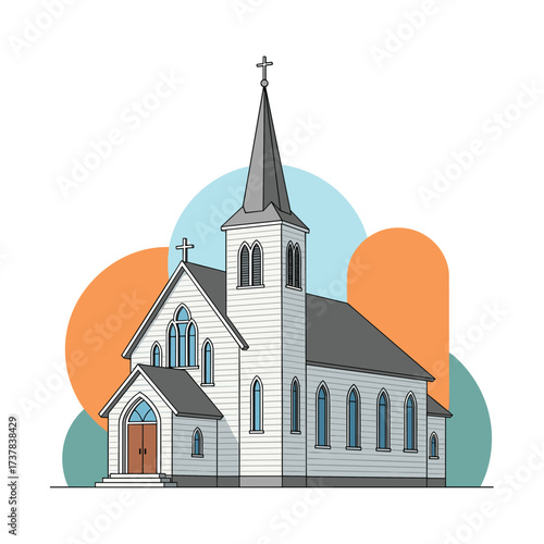 A beautiful white church with a tall steeple stands against a backdrop of colorful circles.